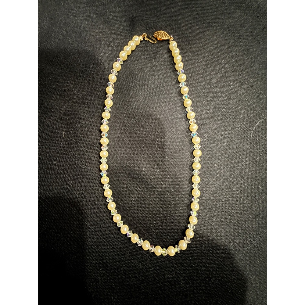 Elegant Faux Pearl and Crystal Beaded Necklace with Gold Tone Clasp 16"